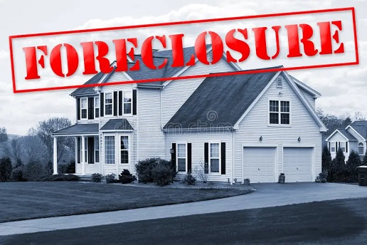 stock image of a detached single family home with FORECLOSURE superimposed over the imagery